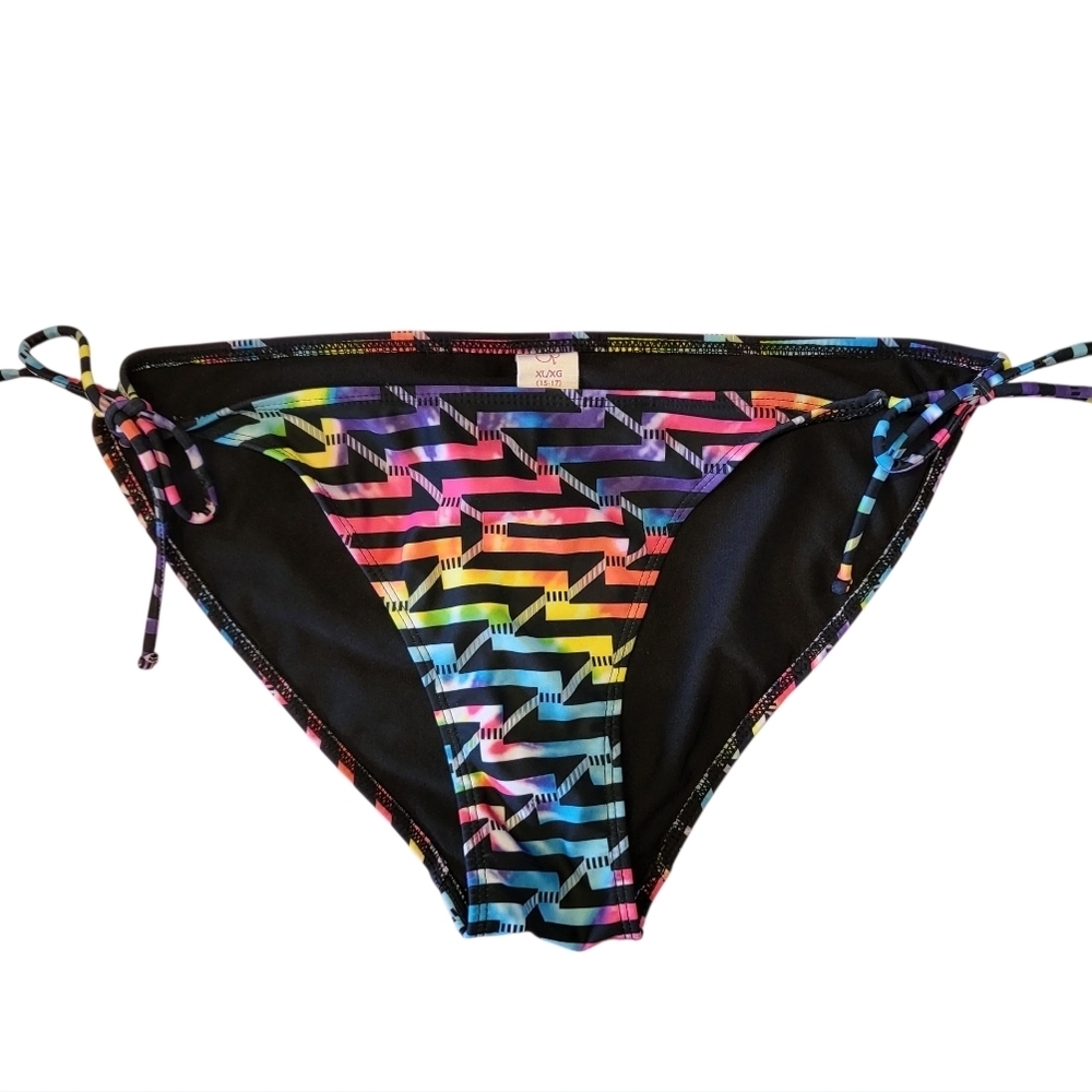 Vintage OP Tie-Side Bikini Bottoms Neon Electric Geometric Colors Sz 15/17 XL